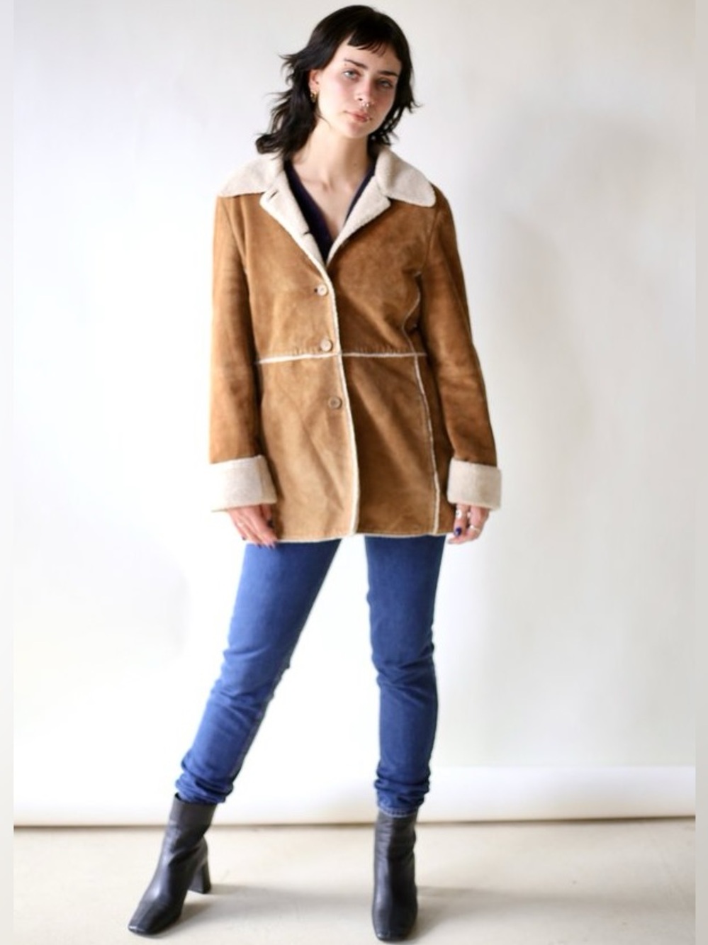 St. Johns Bay Leather Shearling Jacket Washable Suede Fawn Cream Women's XL J